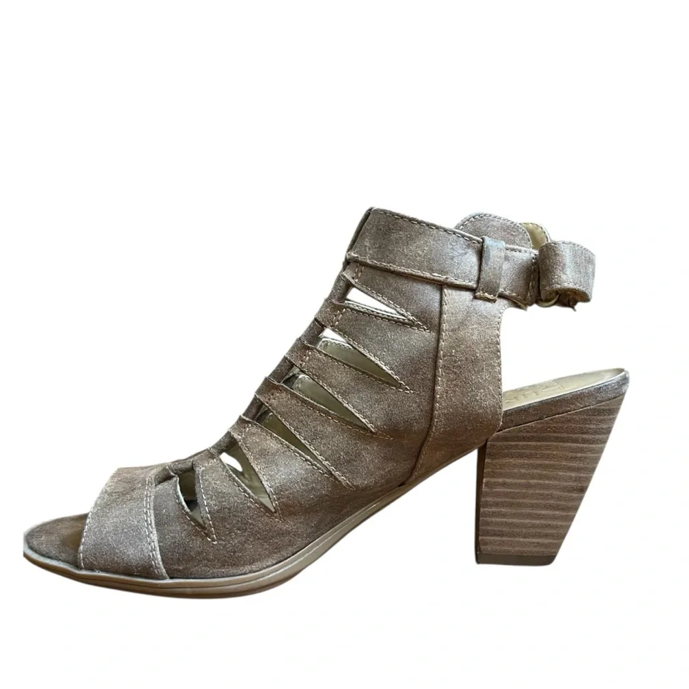 Naturalizer Taupe Leather Cutout Slingback Heel Shoes Comfort Block Sandals 7.5‎